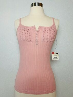 EMA Ribbed Tank Top Women's Size M Pink Ruffle Button Pull Over Stretch NWT